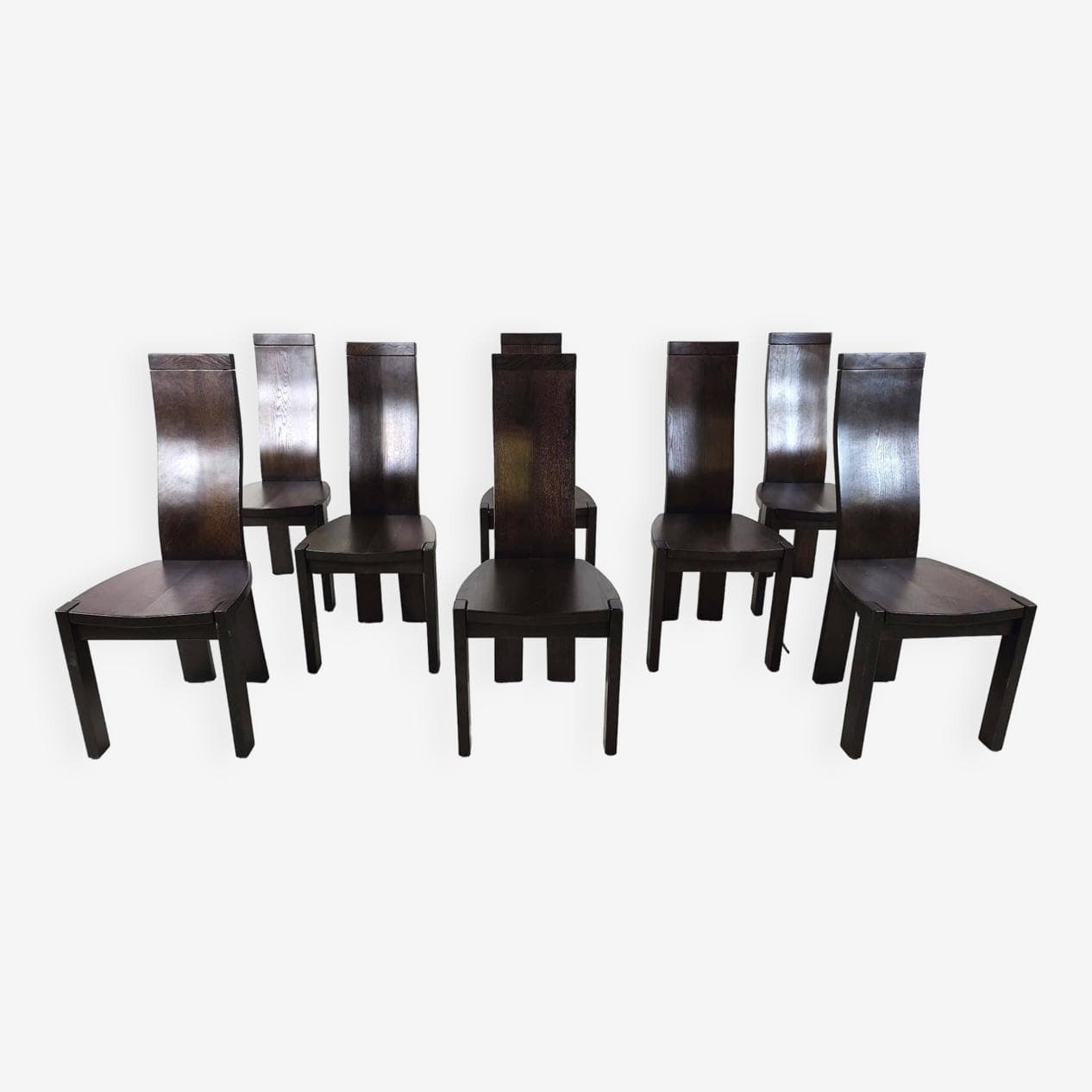 Set of eight dining chairs, brown wood, by R. van den Berghe, D. van den Berghe, Belgium, 1980s. - 269064