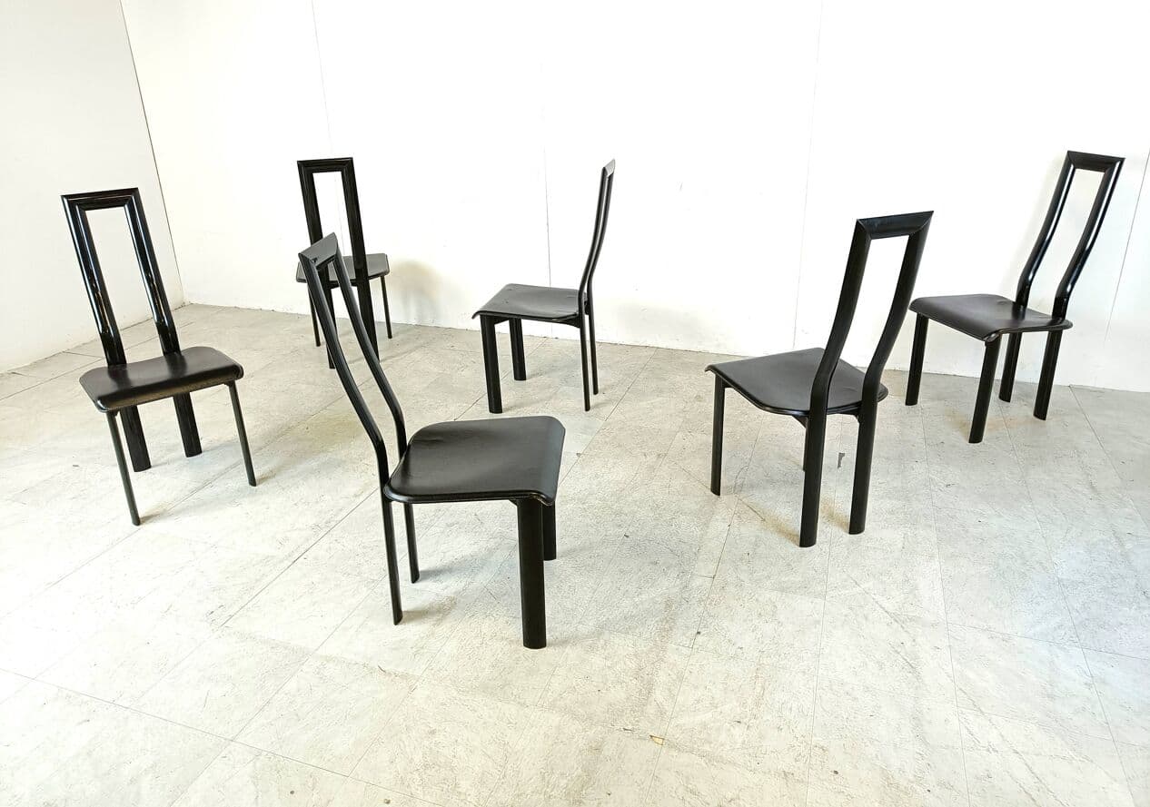 Set of six chairs Regia, black leather, by A. Mosca, Italy, 1980s. - 269025