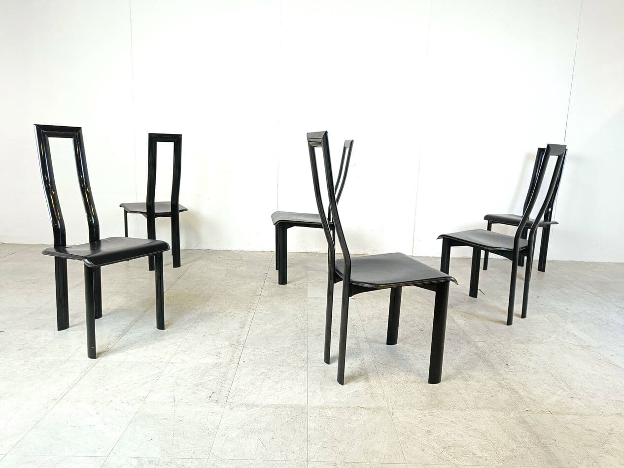 Set of six chairs Regia, black leather, by A. Mosca, Italy, 1980s. - 269024