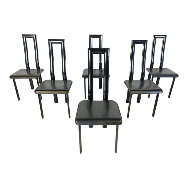 Set of six chairs Regia, black leather, by A. Mosca, Italy, 1980s. - DIMENSION