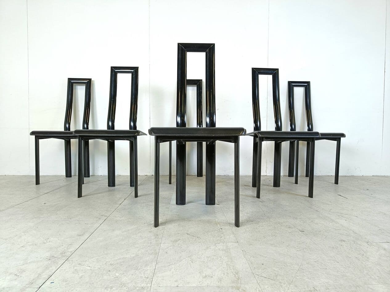 Set of six chairs Regia, black leather, by A. Mosca, Italy, 1980s. - 269021