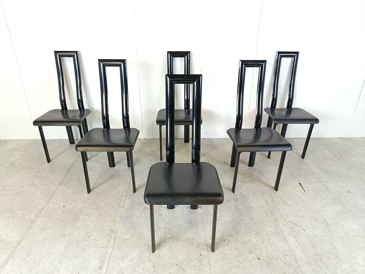Set of six chairs Regia, black leather, by A. Mosca, Italy, 1980s. - 269019