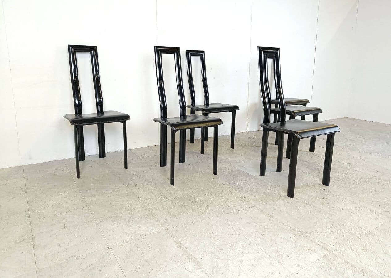 Set of six chairs Regia, black leather, by A. Mosca, Italy, 1980s. - 269023
