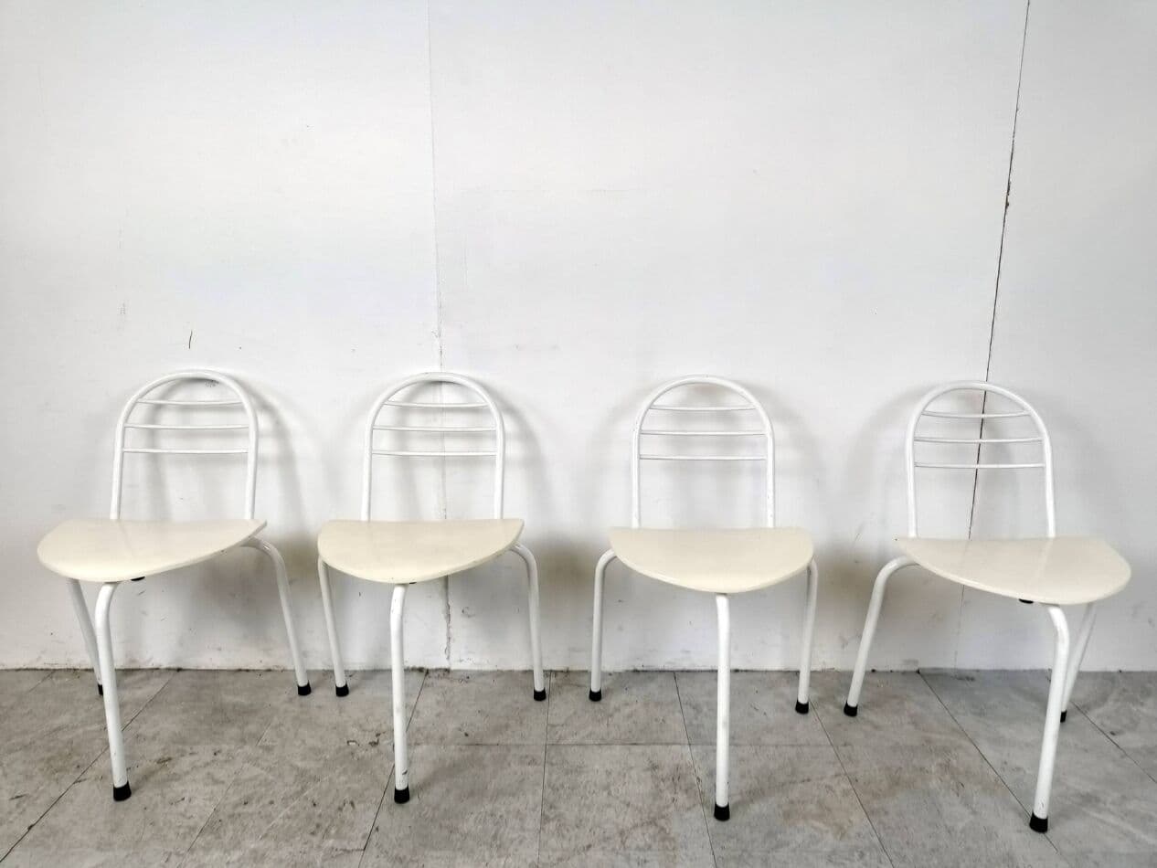 Set of four chairs Tripod, white, metal, wood, Belgium, 1980s. - 268940