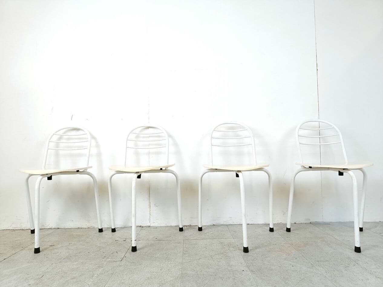 Set of four chairs Tripod, white, metal, wood, Belgium, 1980s. - 268941