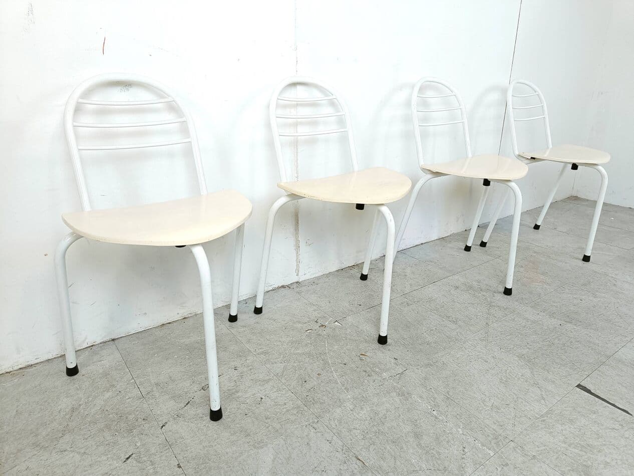 Set of four chairs Tripod, white, metal, wood, Belgium, 1980s. - 268942