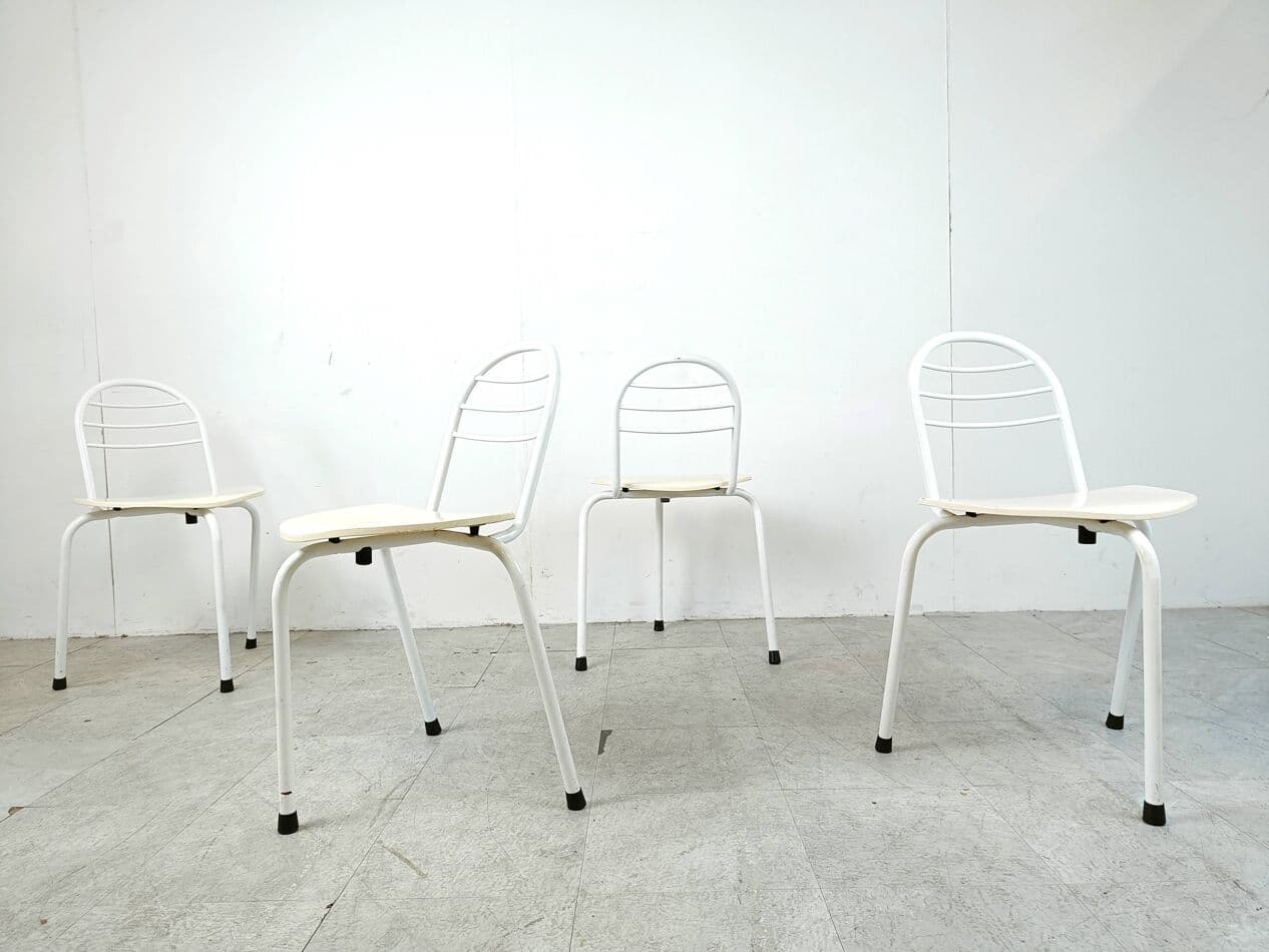 Set of four chairs Tripod, white, metal, wood, Belgium, 1980s. - 268943