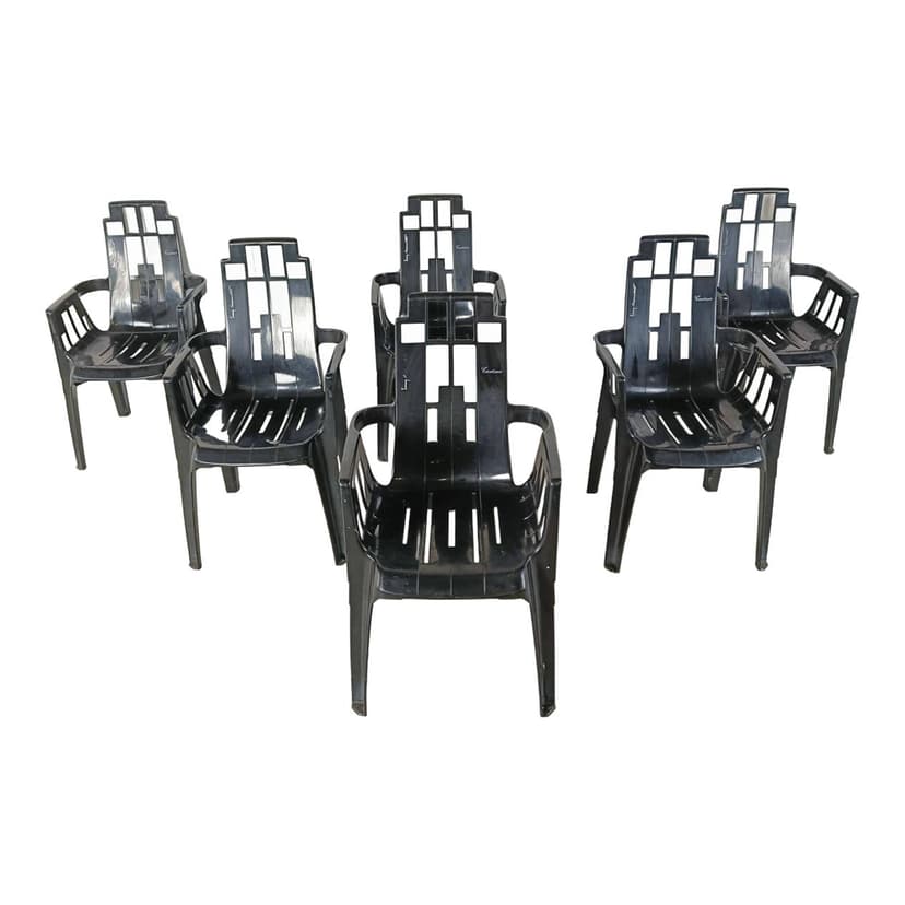Set of six chairs Boston, black plastic, by P. Paulin, France, 1980s.