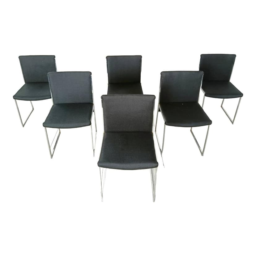 Set of Six Dining Chairs, black fabric, chrome, Italy, 1970s.