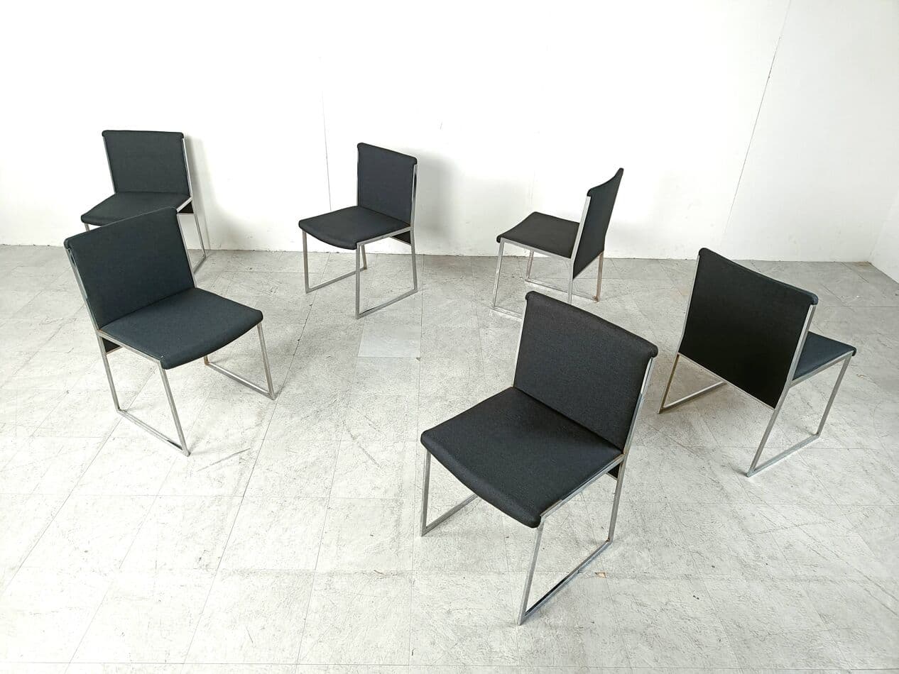Zestaw sześciu krzeseł jadalnianych, tkanina czarna, chrom, Włochy, lata 70. - 268904