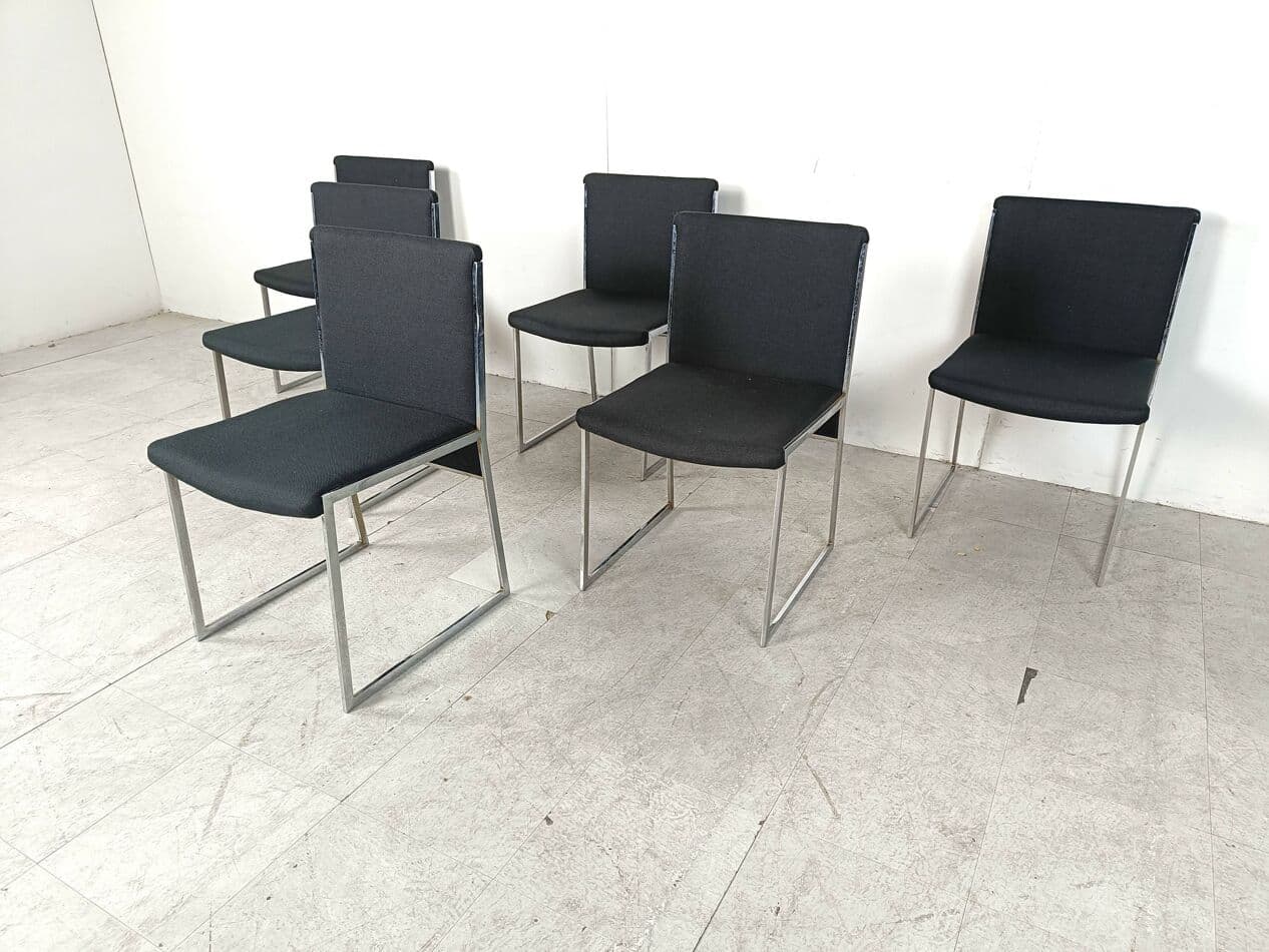Zestaw sześciu krzeseł jadalnianych, tkanina czarna, chrom, Włochy, lata 70. - 268902