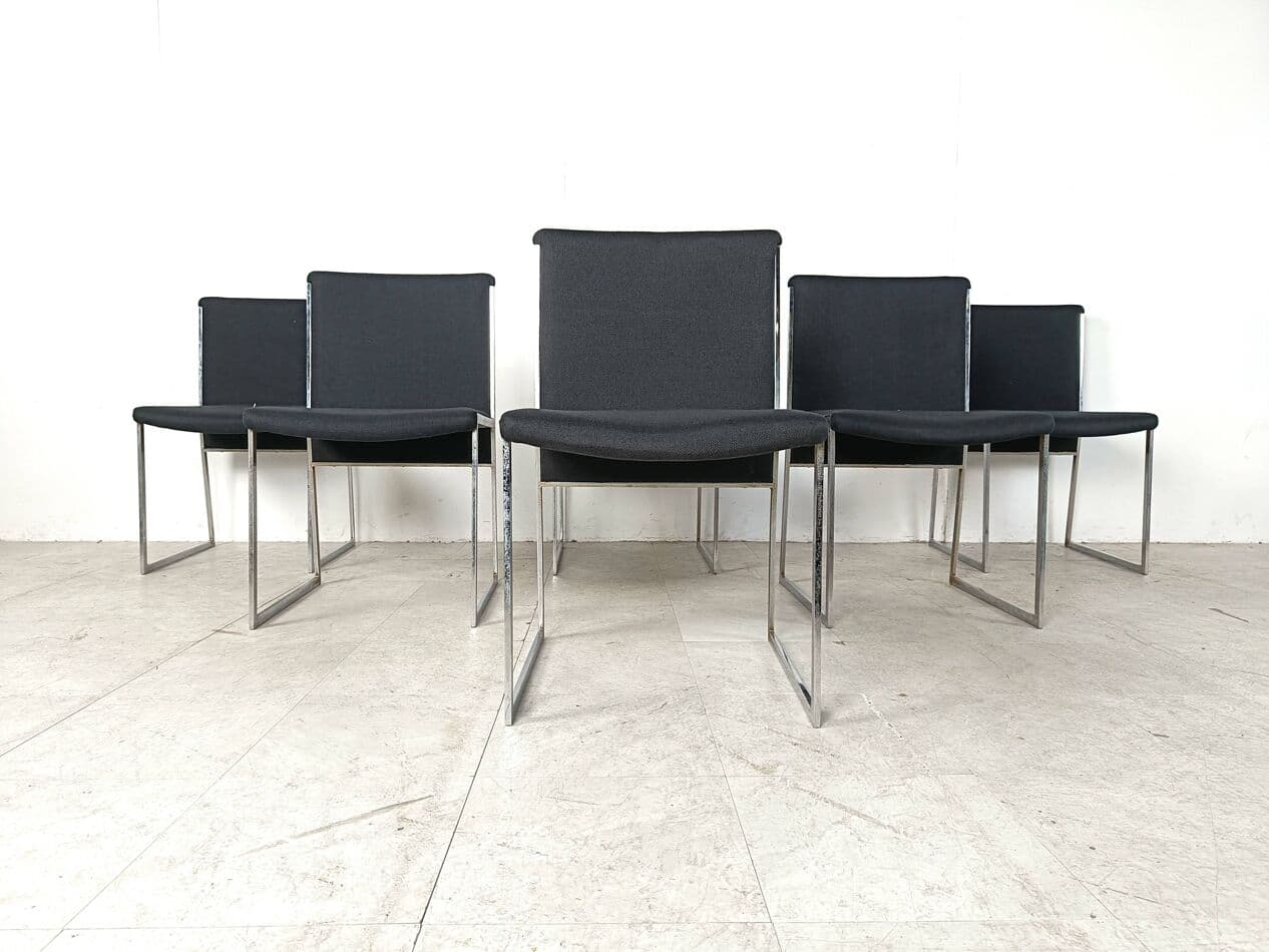 Zestaw sześciu krzeseł jadalnianych, tkanina czarna, chrom, Włochy, lata 70. - 268901
