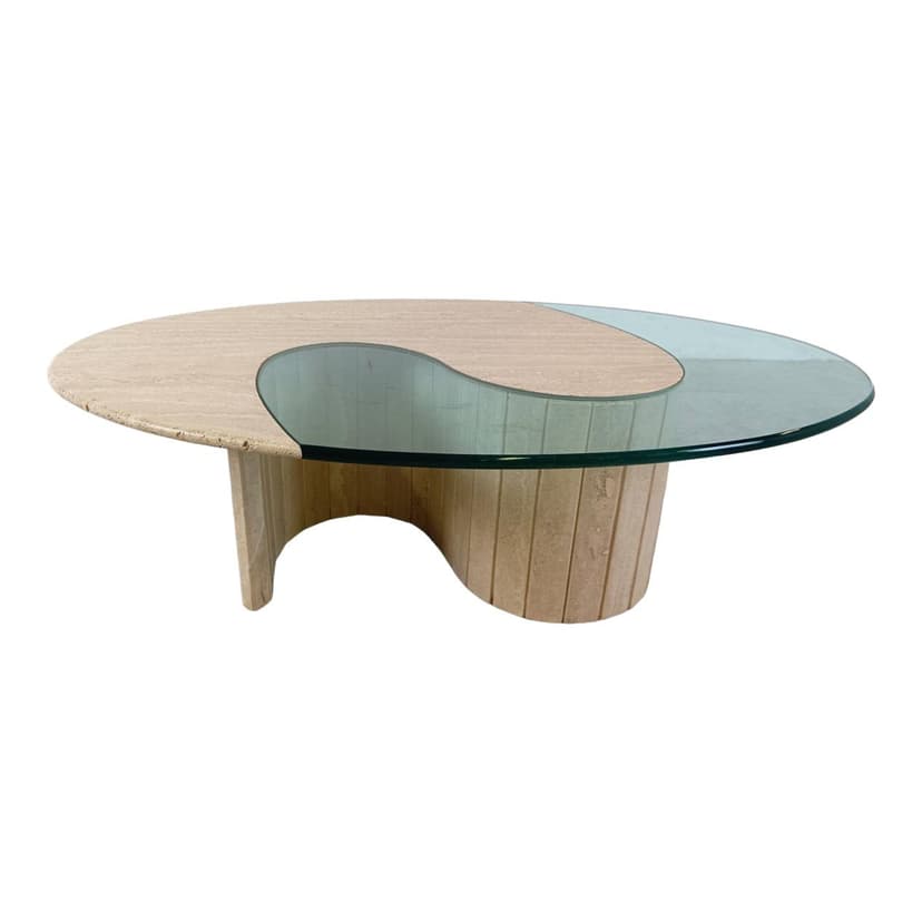 Coffee table, oval, beige travertine, clear glass, Italy, 1970s.