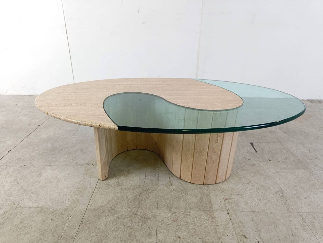 Coffee table, oval, beige travertine, clear glass, Italy, 1970s. - 268865