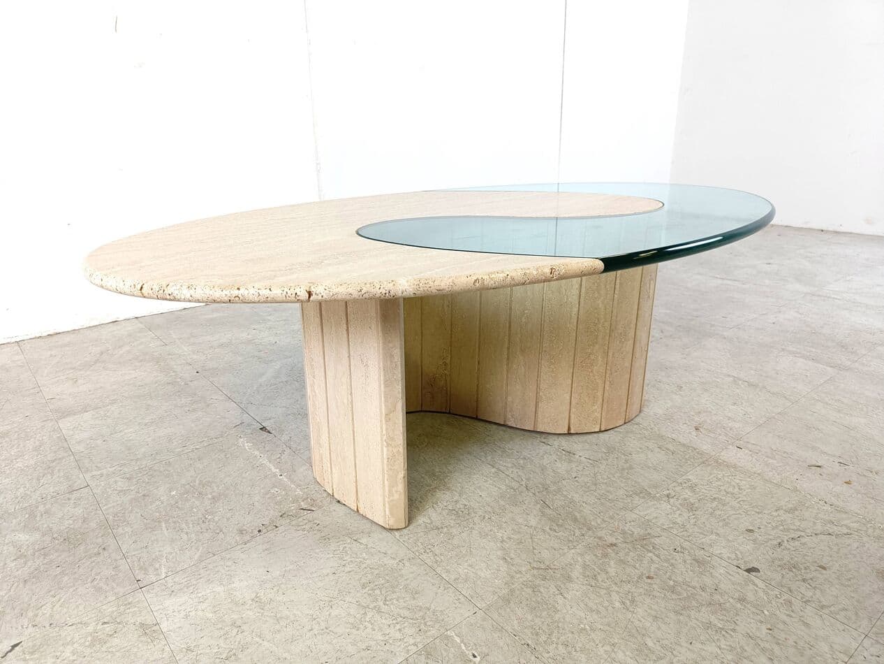 Coffee table, oval, beige travertine, clear glass, Italy, 1970s. - 268869