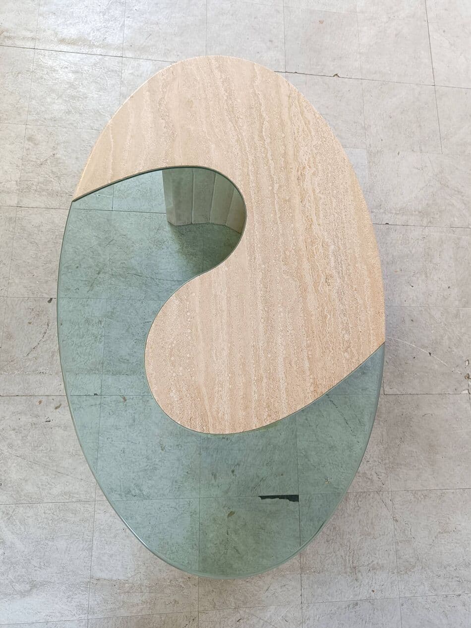 Coffee table, oval, beige travertine, clear glass, Italy, 1970s. - 268862