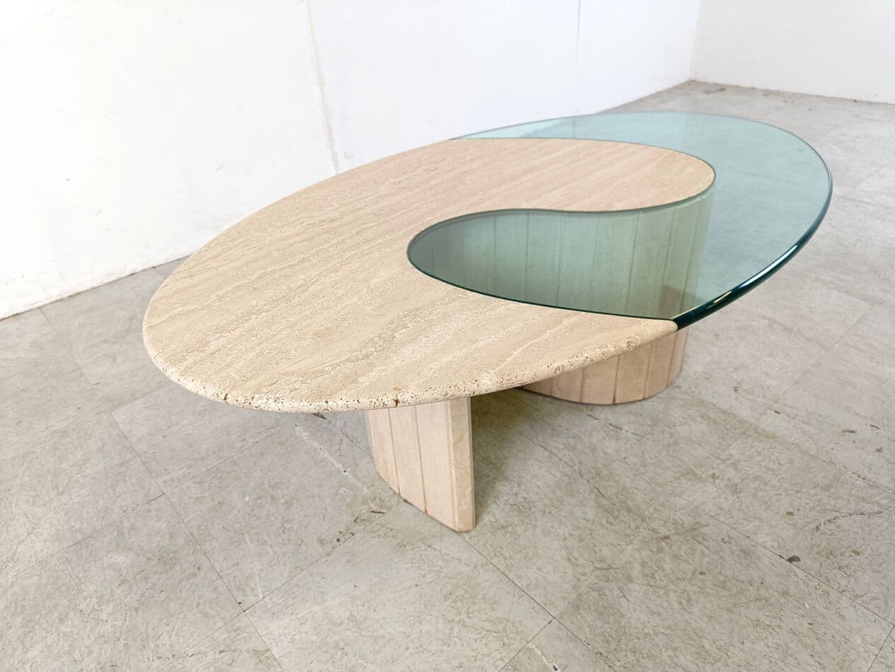 Coffee table, oval, beige travertine, clear glass, Italy, 1970s. - 268868