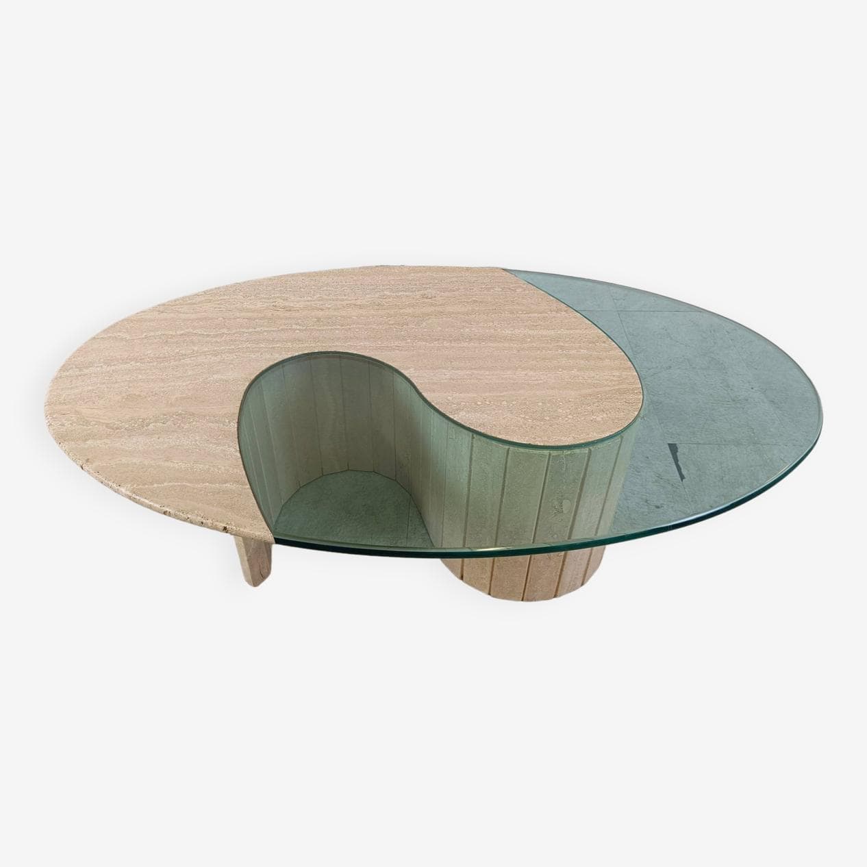 Coffee table, oval, beige travertine, clear glass, Italy, 1970s. - 268861