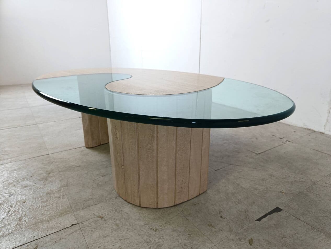 Coffee table, oval, beige travertine, clear glass, Italy, 1970s. - 268871