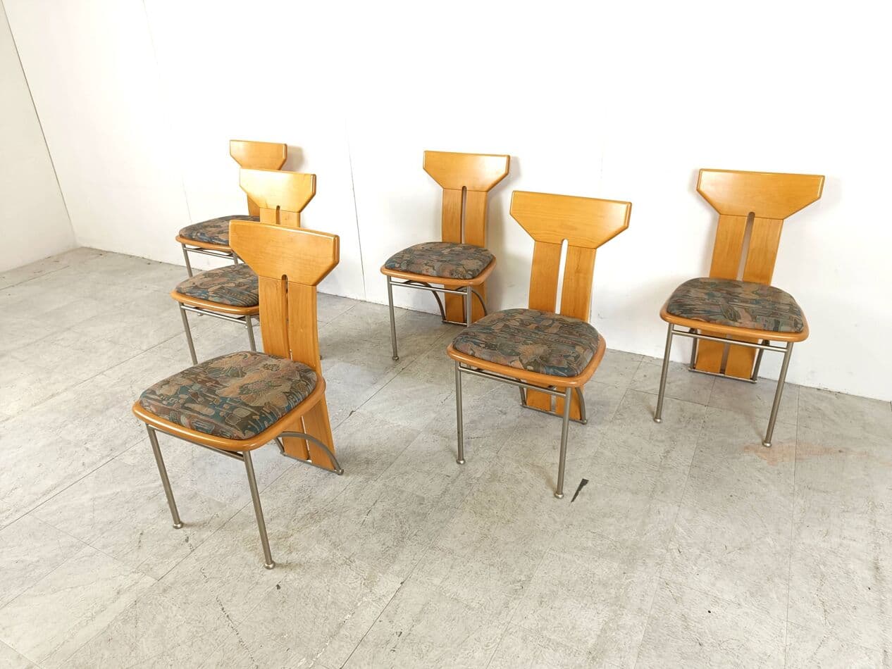 Set of Six Postmodern Chairs, multicolor, oak, metal, Italy, 1980s. - 268832