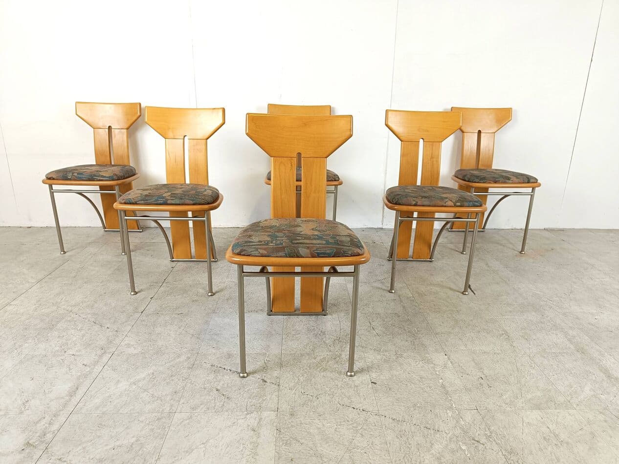 Set of Six Postmodern Chairs, multicolor, oak, metal, Italy, 1980s. - 268830