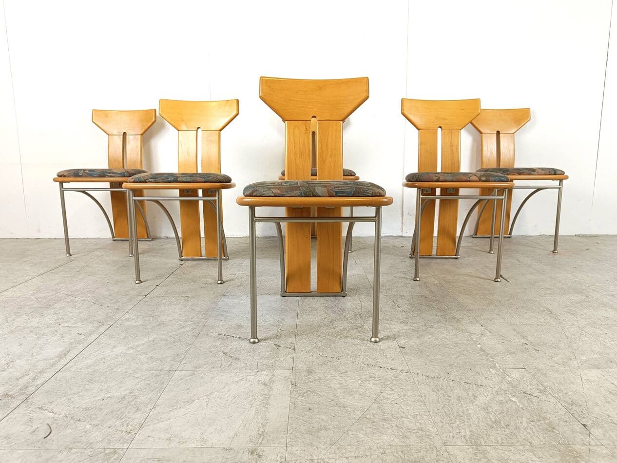 Set of Six Postmodern Chairs, multicolor, oak, metal, Italy, 1980s. - 268831