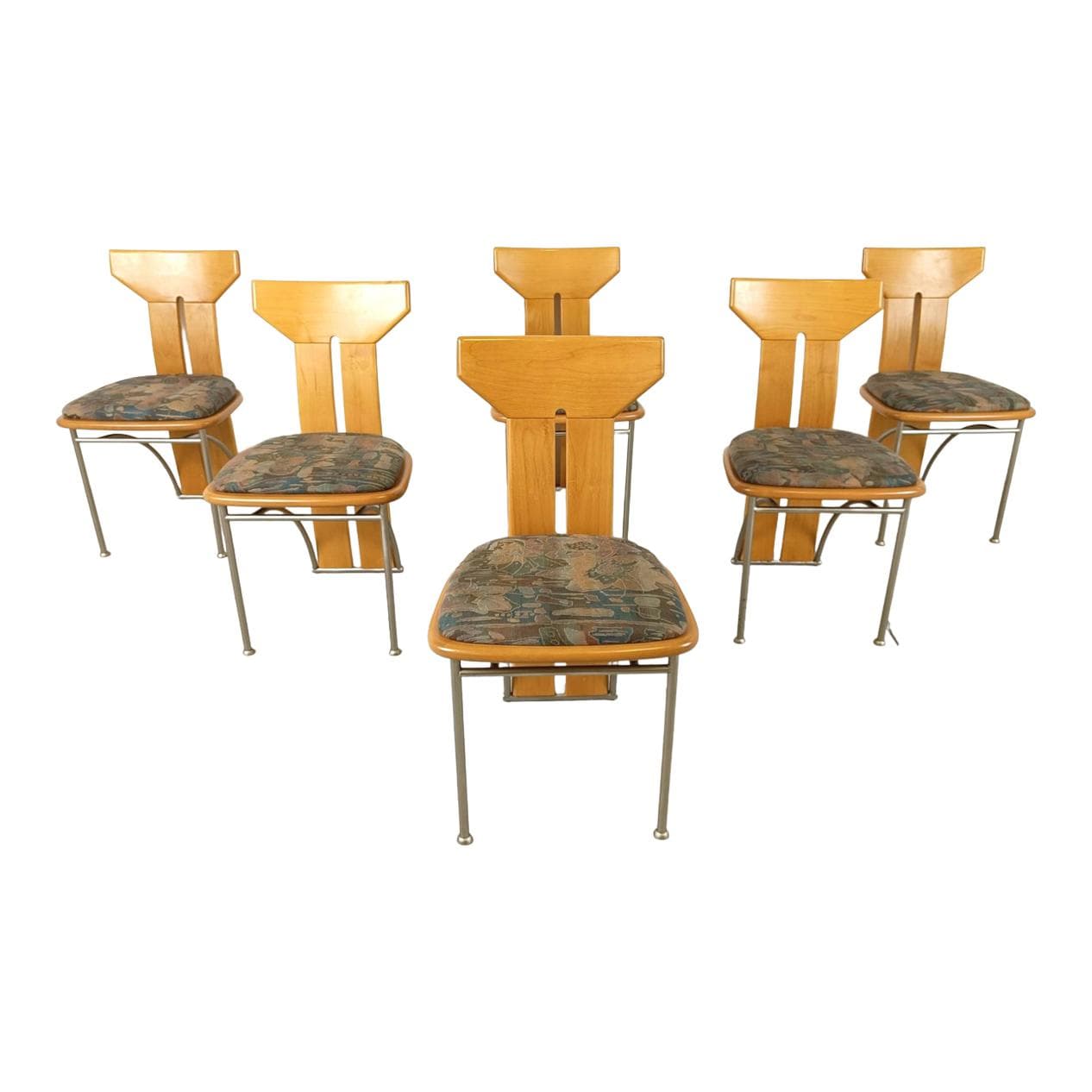 Set of Six Postmodern Chairs, multicolor, oak, metal, Italy, 1980s.