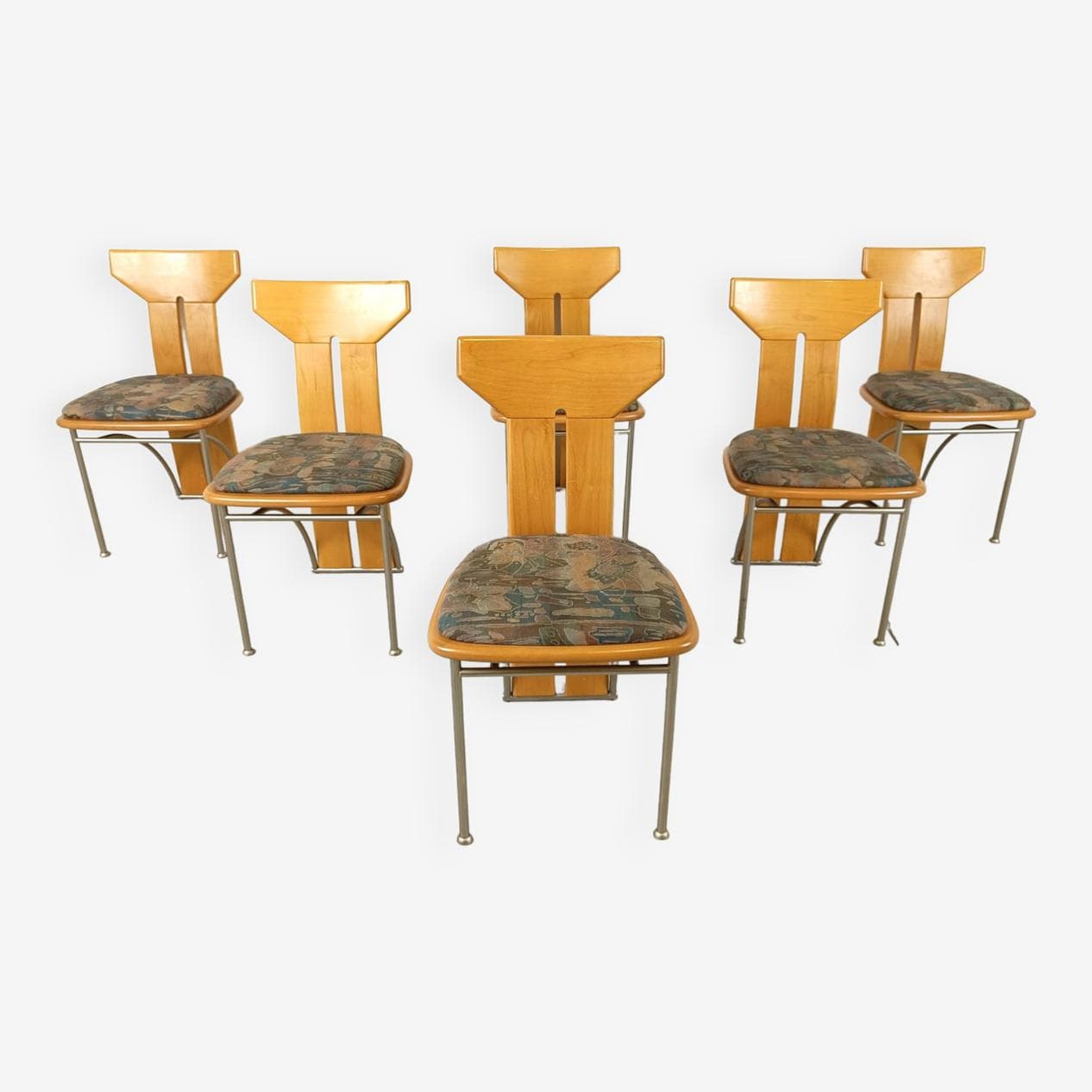 Set of Six Postmodern Chairs, multicolor, oak, metal, Italy, 1980s. - 268838