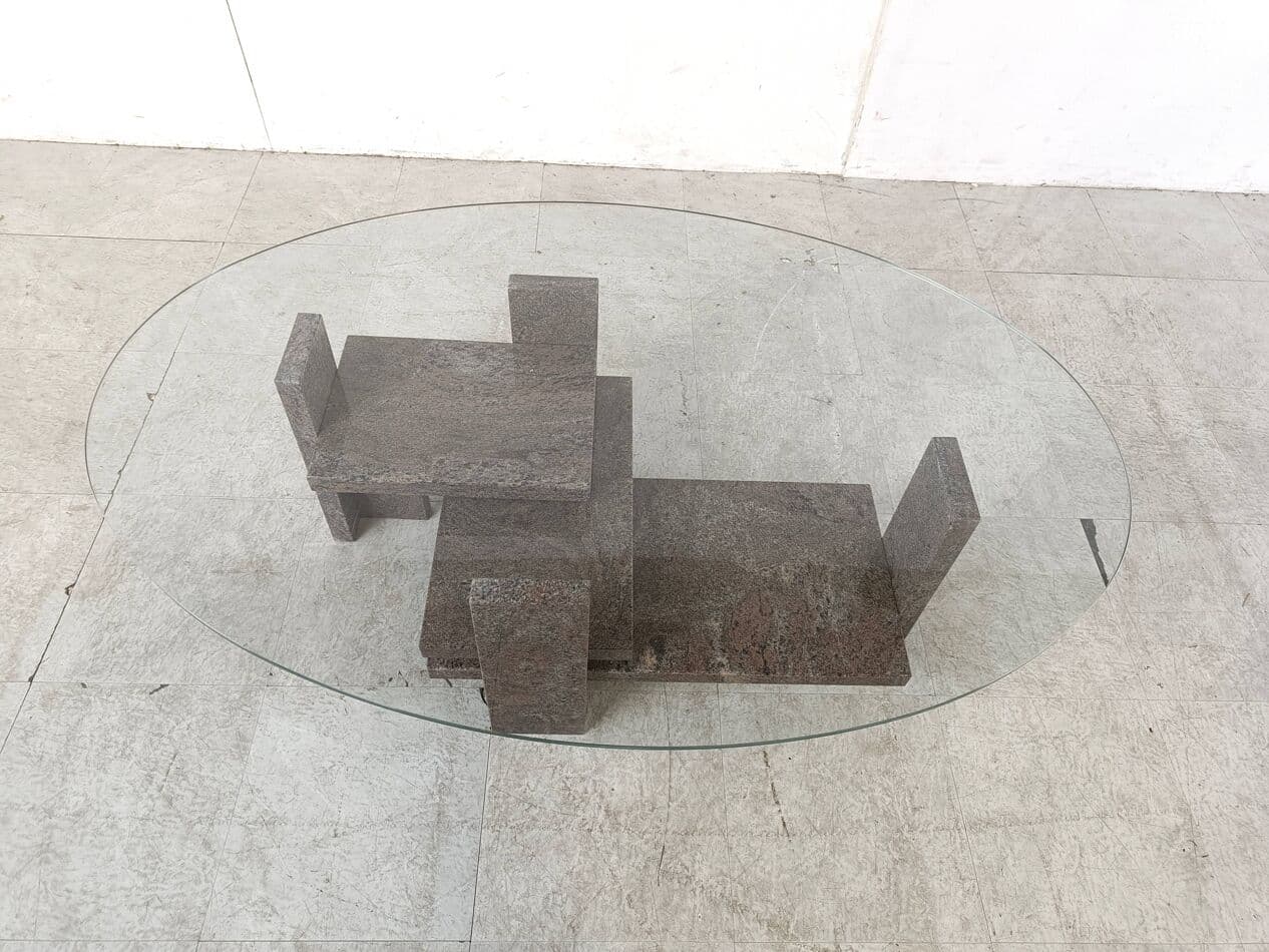 Stolik kawowy, marmur szary, szkło, proj. W. Ballez, Belgia, lata 70. - 268823