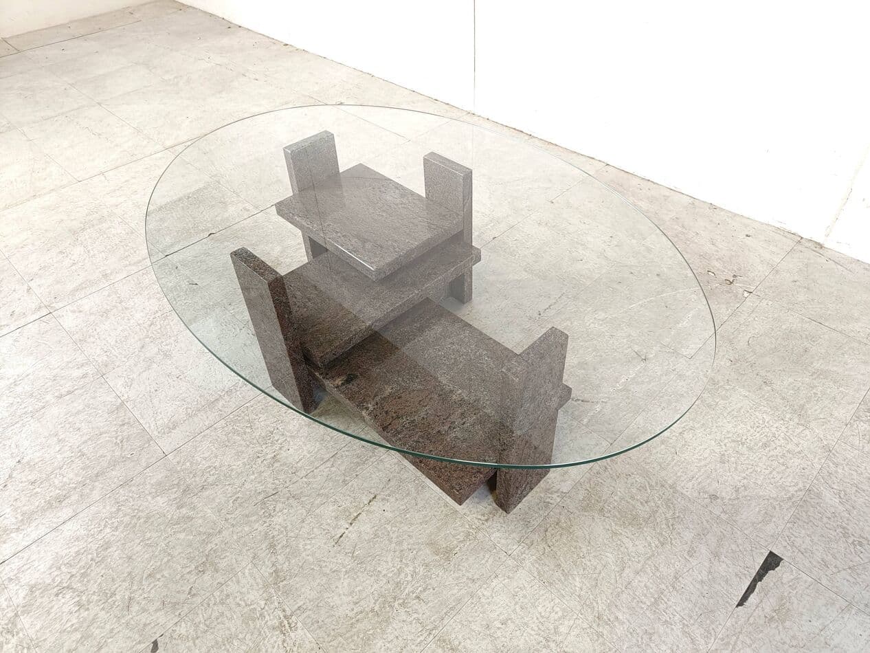 Stolik kawowy, marmur szary, szkło, proj. W. Ballez, Belgia, lata 70. - 268819