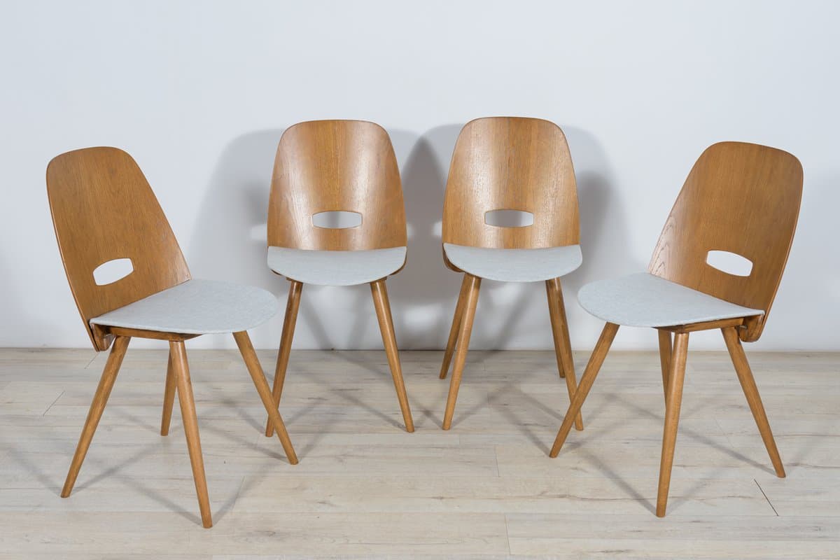 Set of Four Chairs, light grey oak, grey fabric, by F. Jirak, Tatra Nabytok, Czechoslovakia, 1960s. - 261816