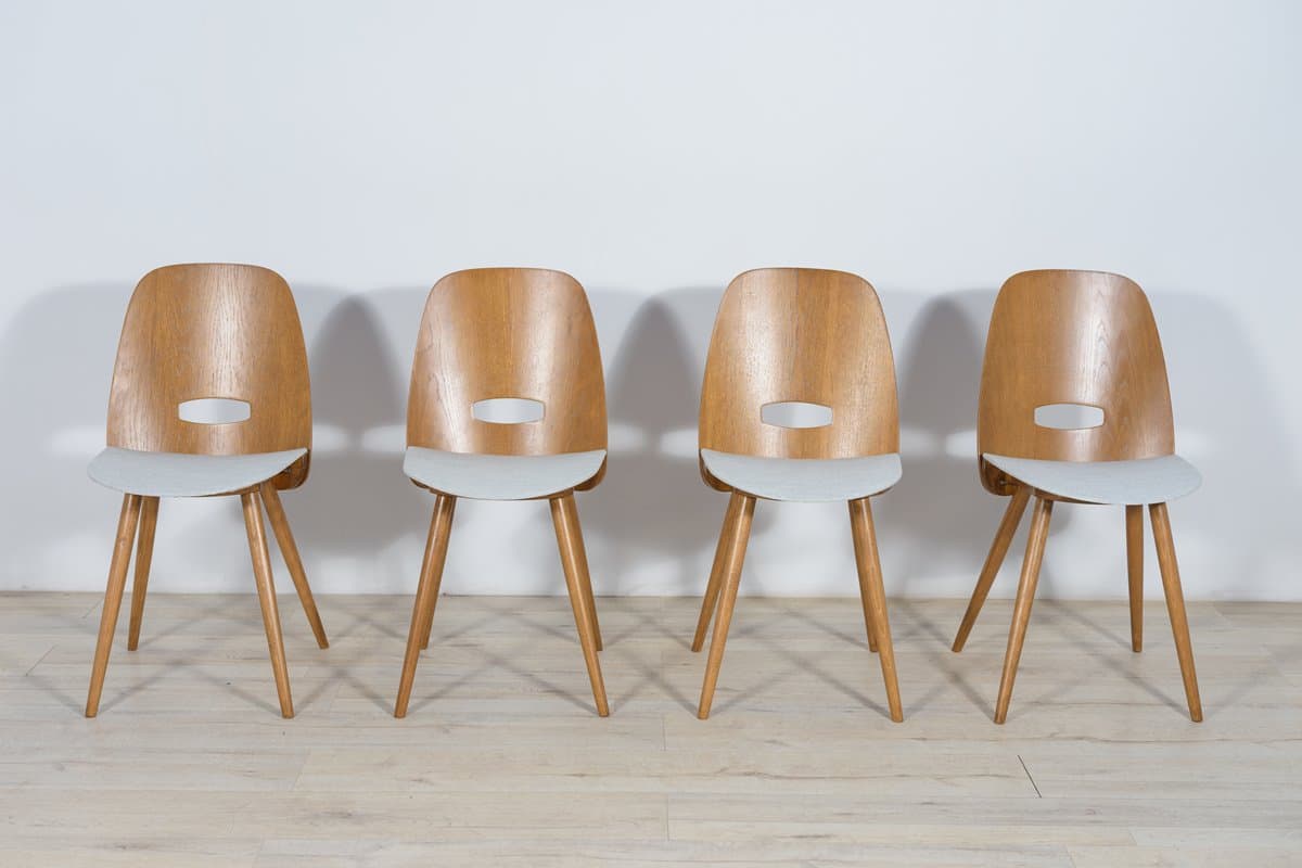 Set of Four Chairs, light grey oak, grey fabric, by F. Jirak, Tatra Nabytok, Czechoslovakia, 1960s. - 261814