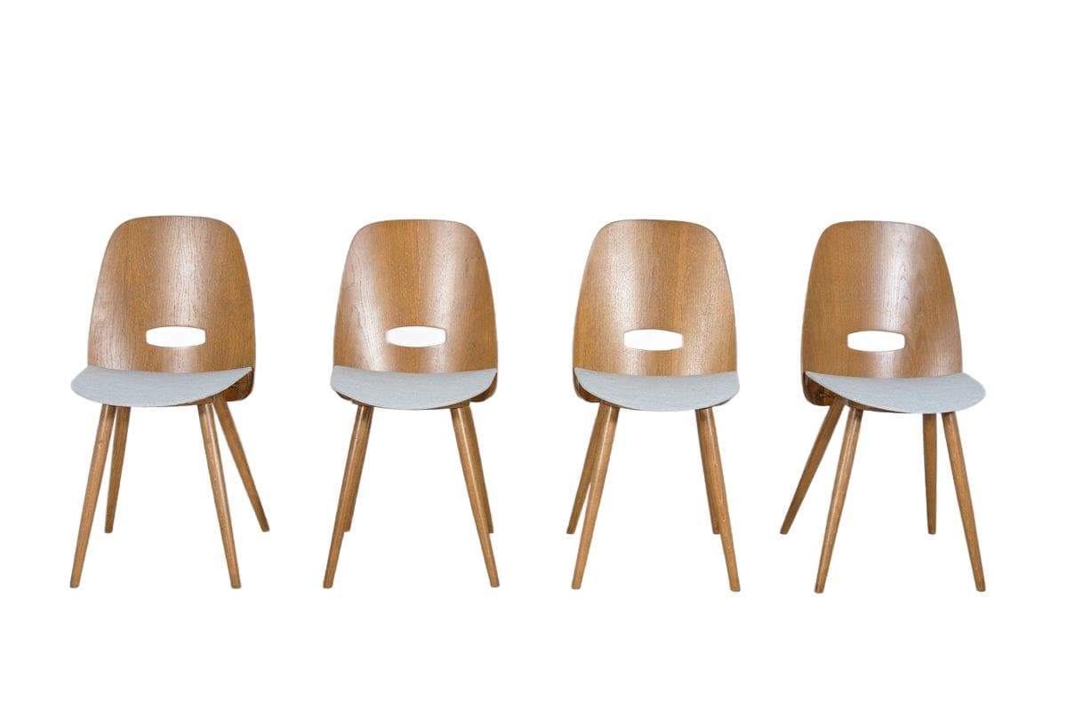 Set of Four Chairs, light grey oak, grey fabric, by F. Jirak, Tatra Nabytok, Czechoslovakia, 1960s.