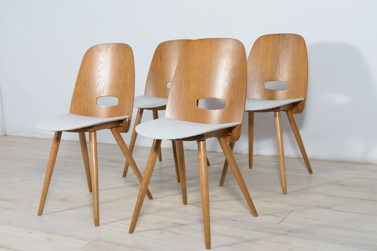 Set of Four Chairs, light grey oak, grey fabric, by F. Jirak, Tatra Nabytok, Czechoslovakia, 1960s. - 261815