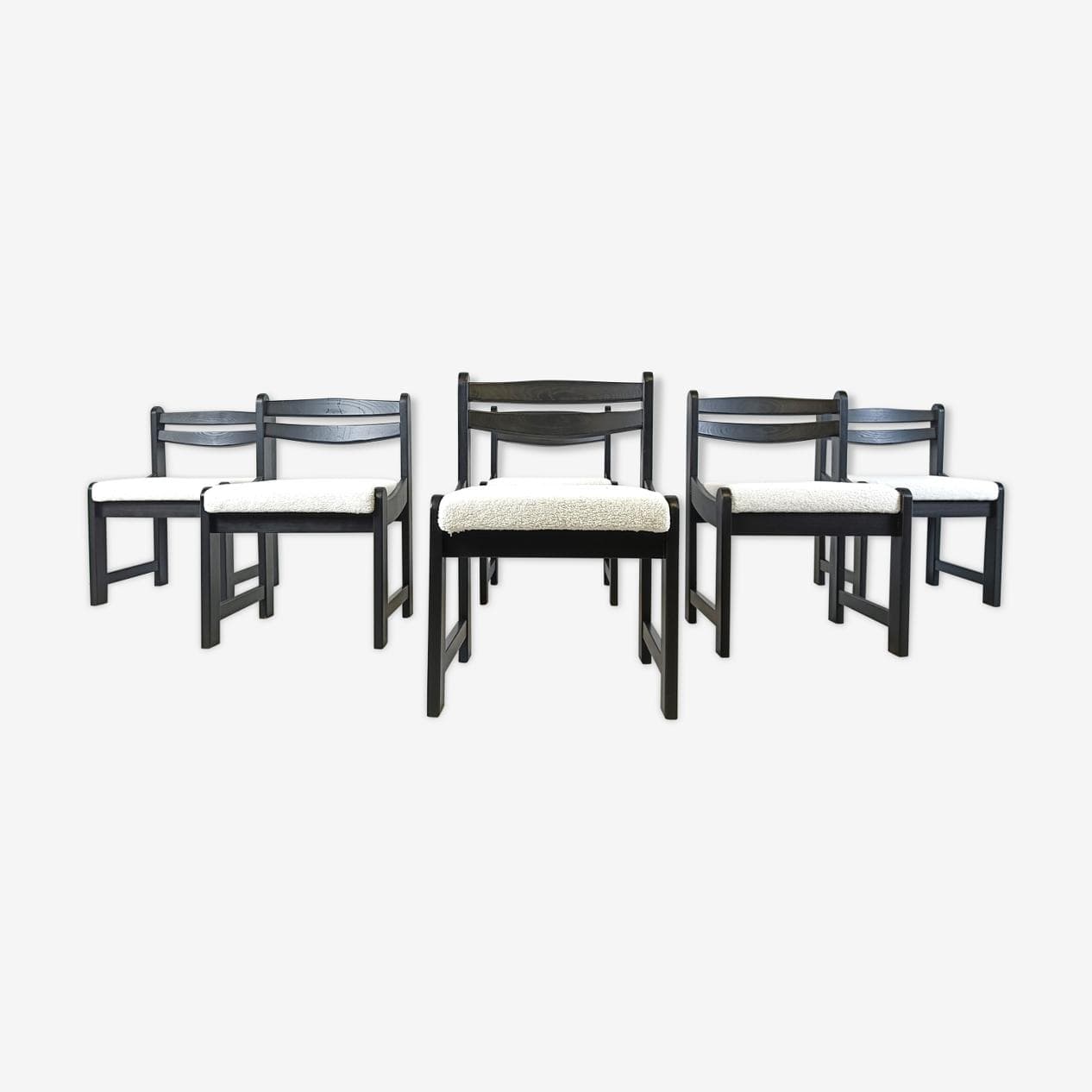 Set of Six Dining Chairs, black wood, white bouclé, Germany, 1970s. - 268762