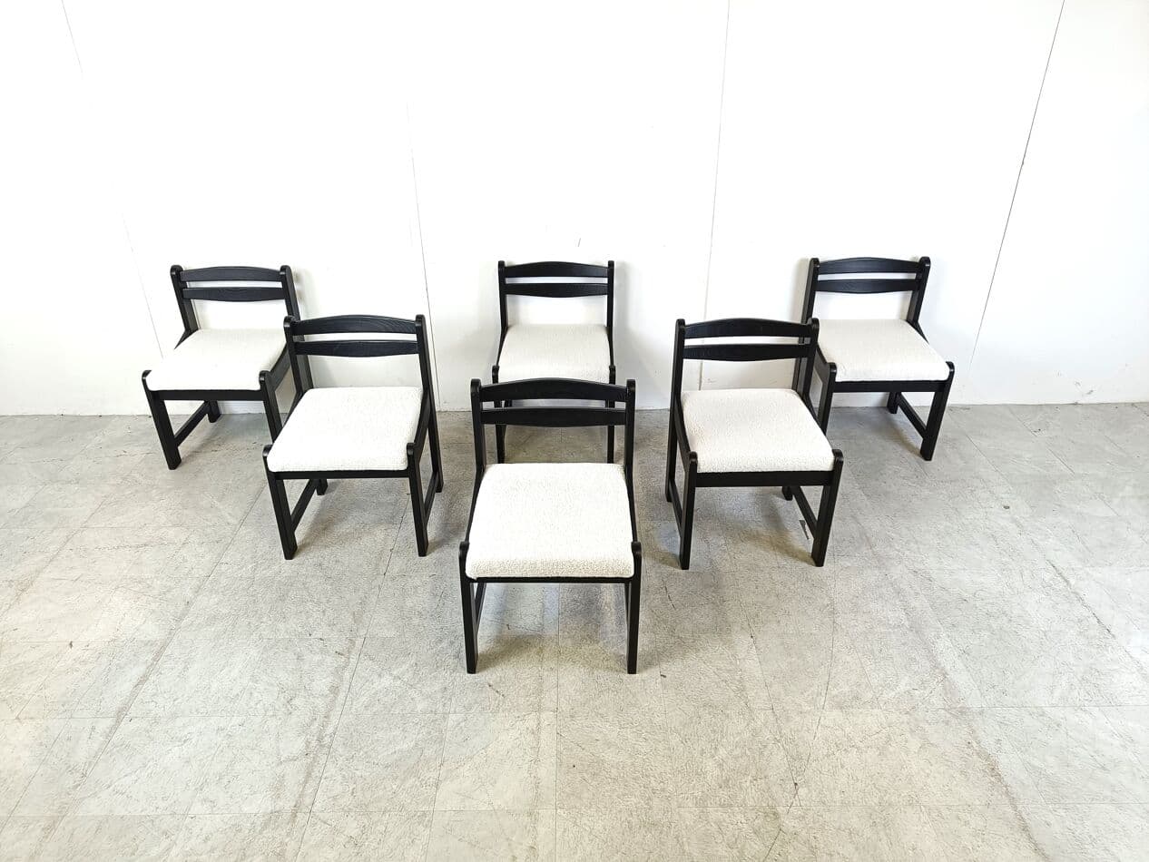 Set of Six Dining Chairs, black wood, white bouclé, Germany, 1970s. - 268760