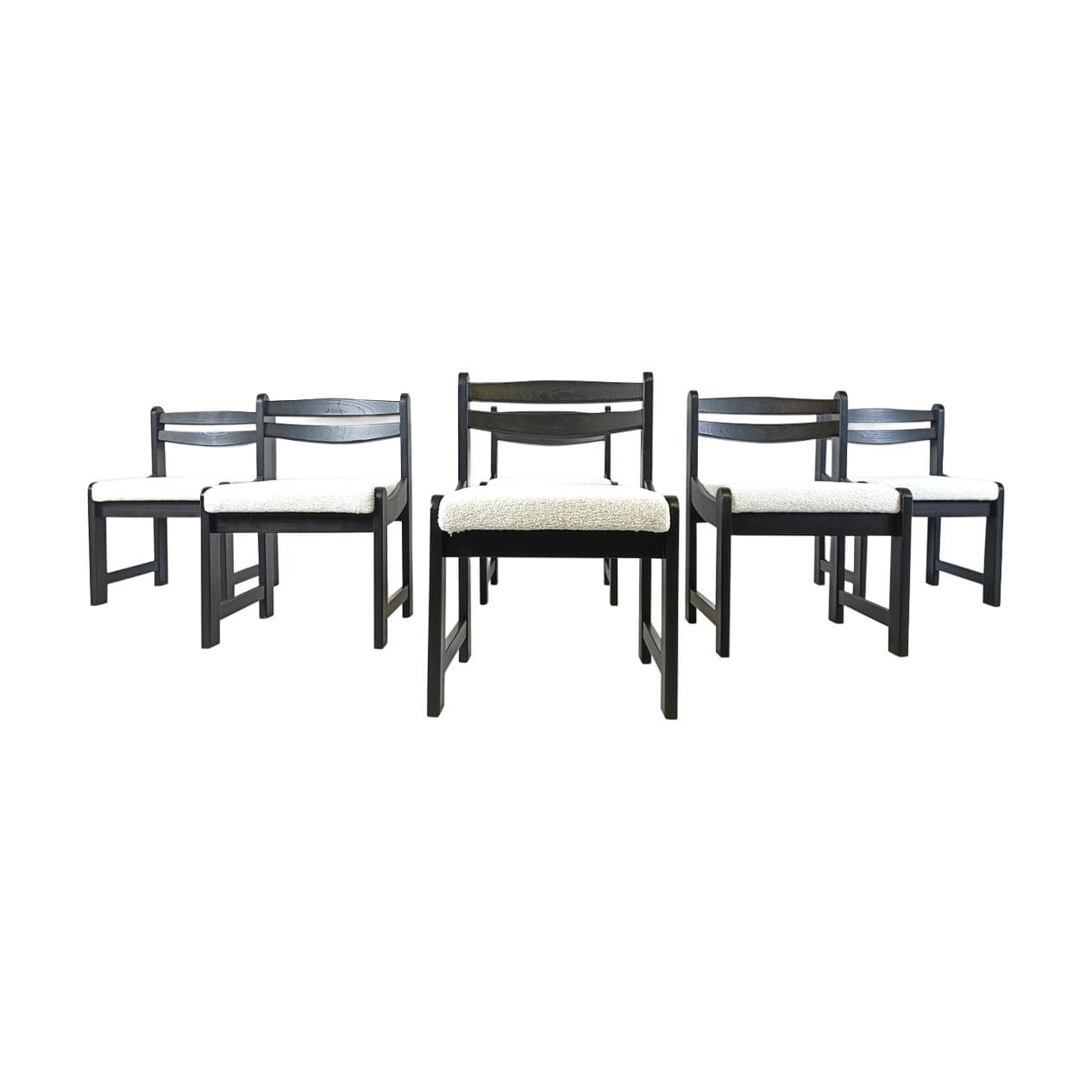 Set of Six Dining Chairs, black wood, white bouclé, Germany, 1970s.