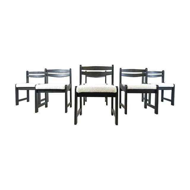 Set of Six Dining Chairs, black wood, white bouclé, Germany, 1970s. - DIMENSION