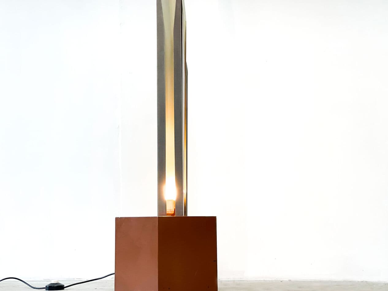 Floor lamp Space Age, silver aluminum, brown wood, Italy, 1970s. - 268723