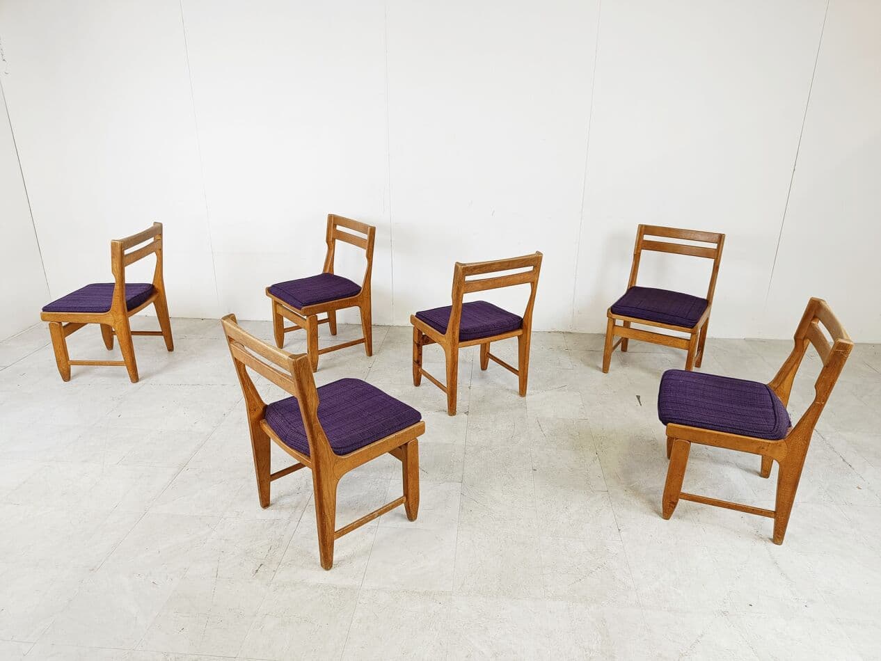 Set of Six Chairs Raphael, brown oak, purple fabric, by Guillerme et Chambron, France, 1960s. - 268699