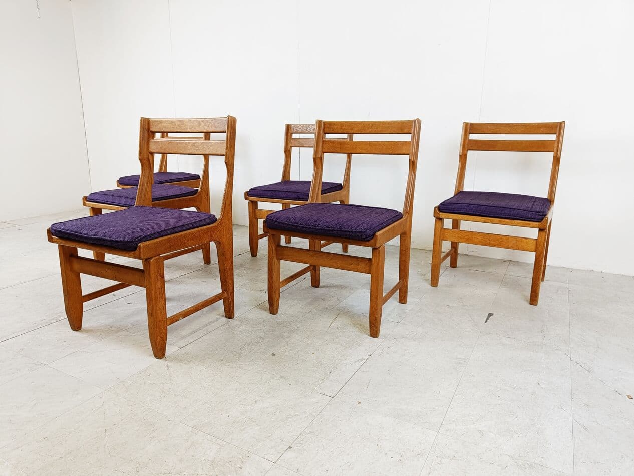 Set of Six Chairs Raphael, brown oak, purple fabric, by Guillerme et Chambron, France, 1960s. - 268695