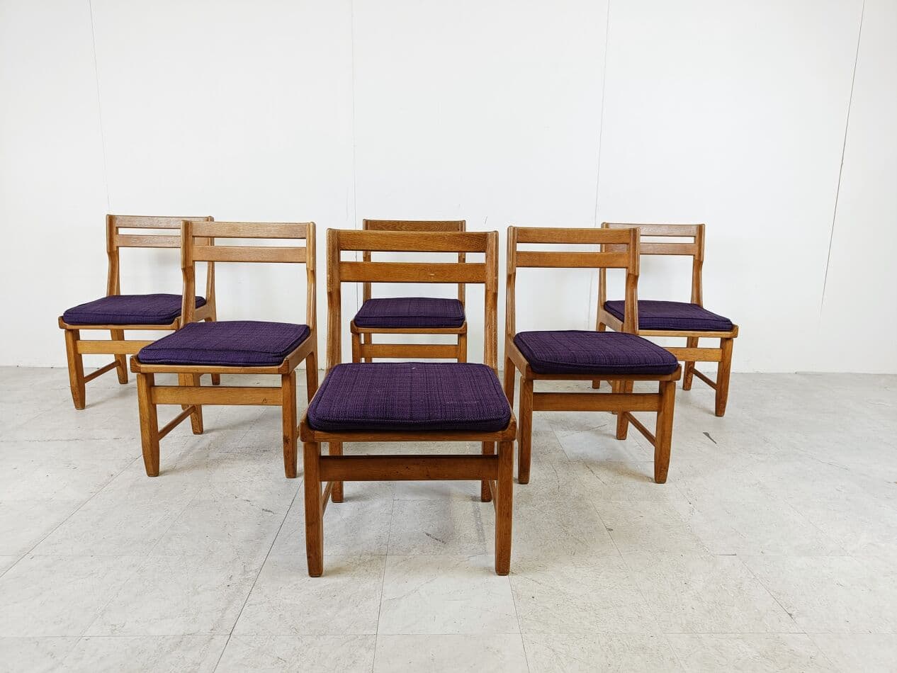 Set of Six Chairs Raphael, brown oak, purple fabric, by Guillerme et Chambron, France, 1960s. - 268694
