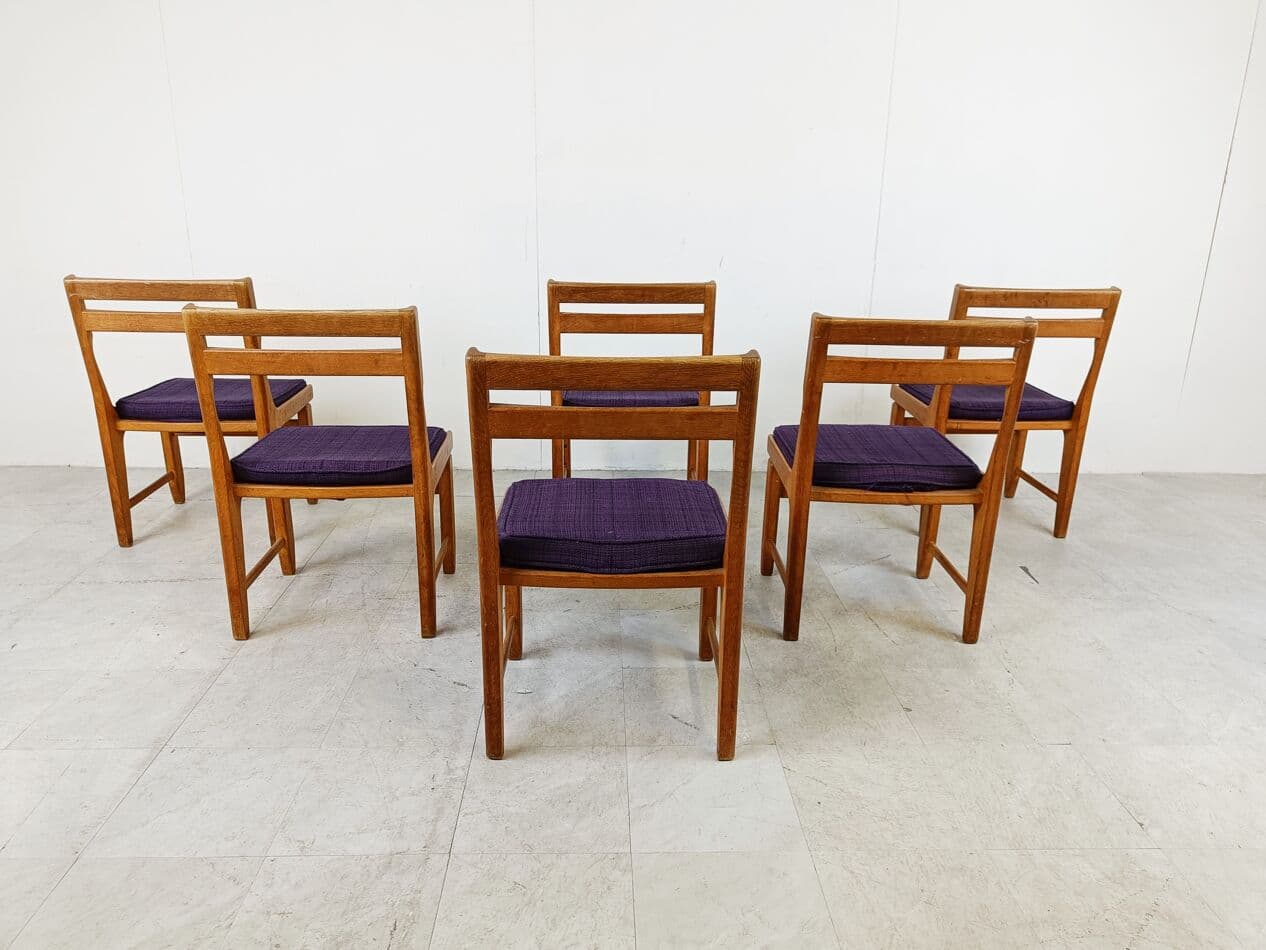 Set of Six Chairs Raphael, brown oak, purple fabric, by Guillerme et Chambron, France, 1960s. - 268698