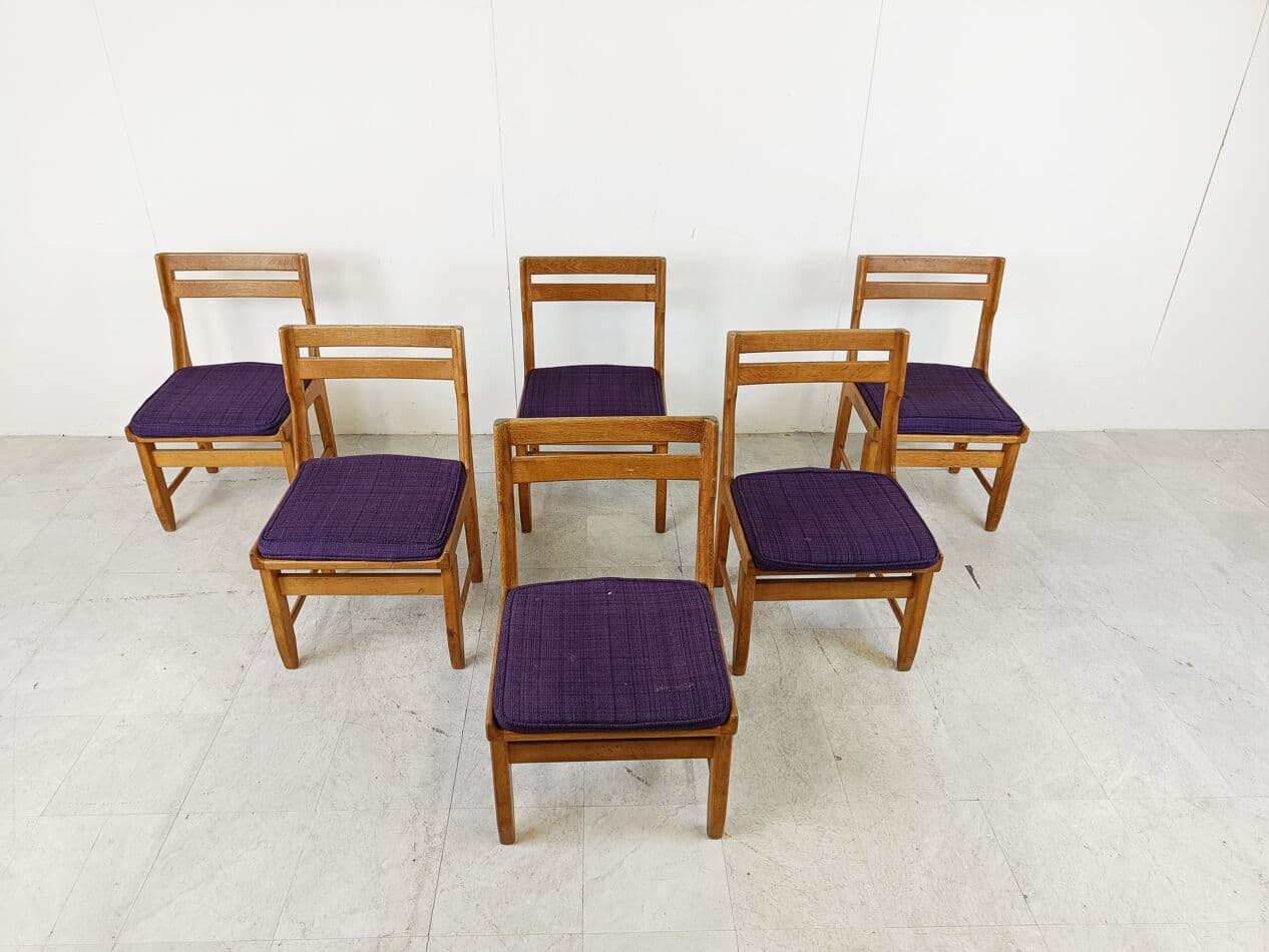 Set of Six Chairs Raphael, brown oak, purple fabric, by Guillerme et Chambron, France, 1960s. - 268690