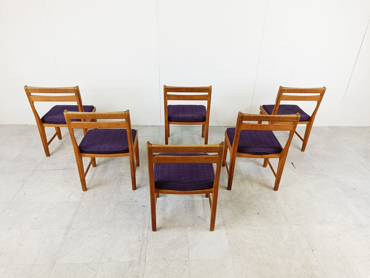 Set of Six Chairs Raphael, brown oak, purple fabric, by Guillerme et Chambron, France, 1960s. - 268697