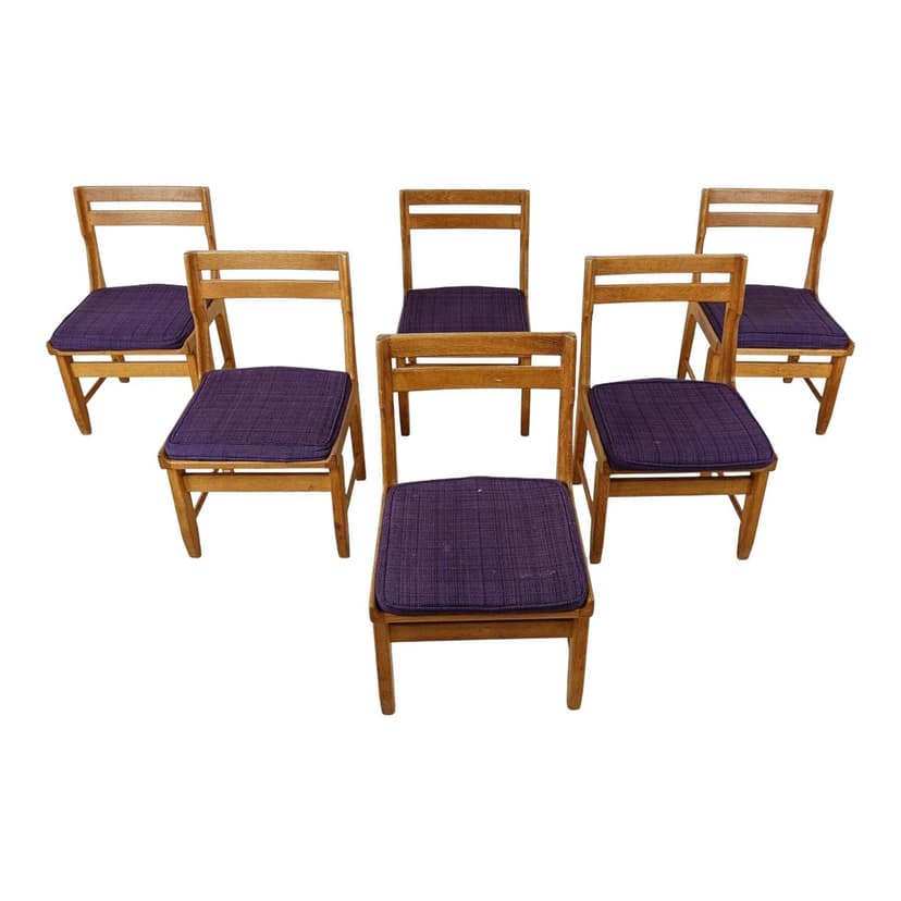 Set of Six Chairs Raphael, brown oak, purple fabric, by Guillerme et Chambron, France, 1960s.