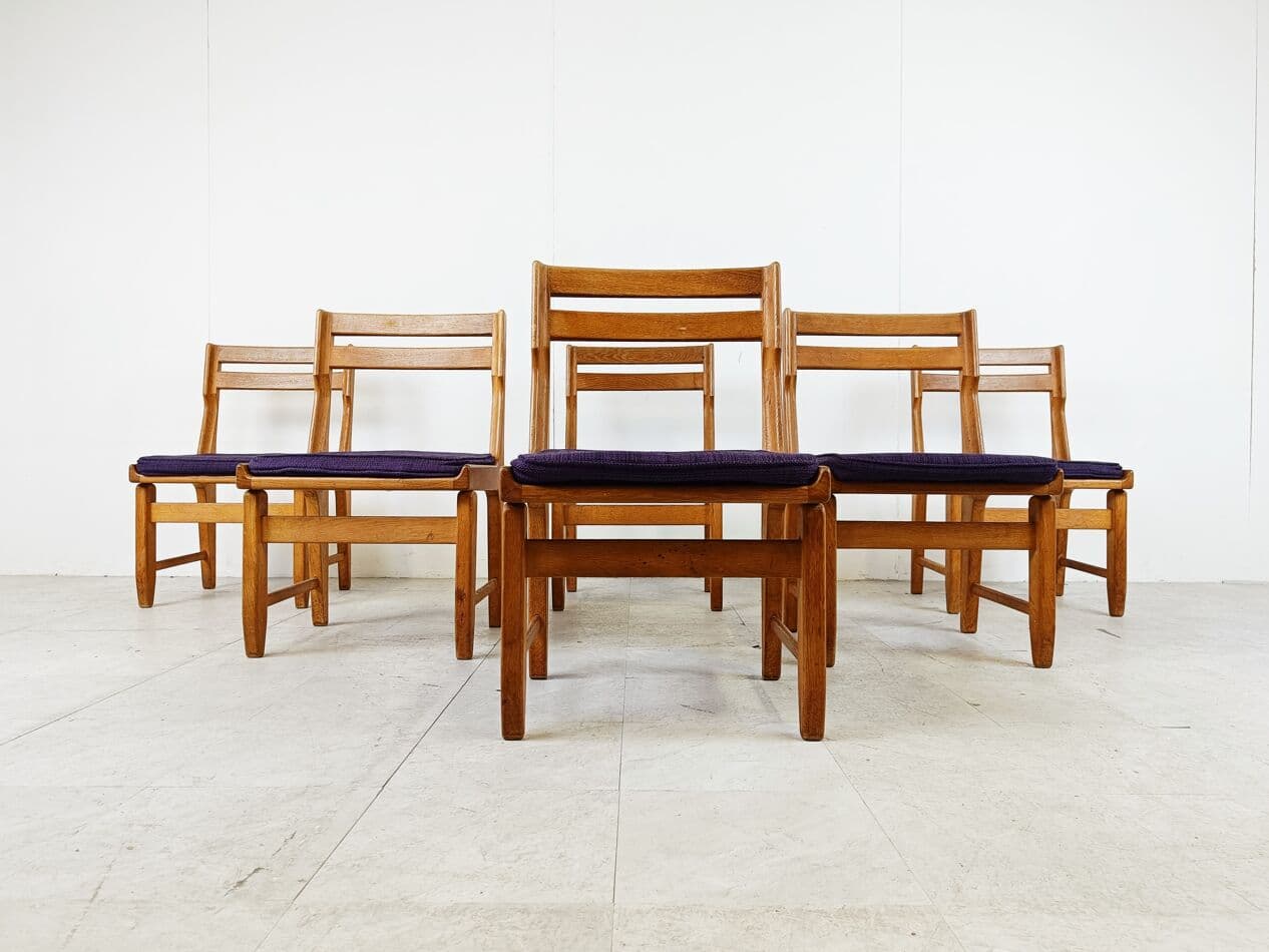 Set of Six Chairs Raphael, brown oak, purple fabric, by Guillerme et Chambron, France, 1960s. - 268696