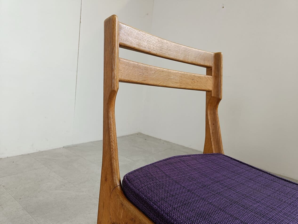 Set of Six Chairs Raphael, brown oak, purple fabric, by Guillerme et Chambron, France, 1960s. - 268692