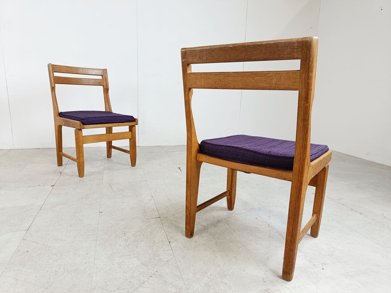 Set of Six Chairs Raphael, brown oak, purple fabric, by Guillerme et Chambron, France, 1960s. - 268701