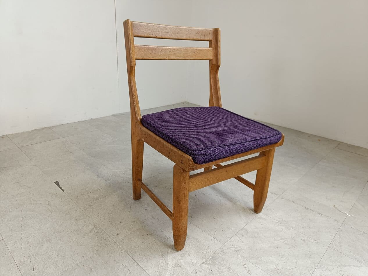 Set of Six Chairs Raphael, brown oak, purple fabric, by Guillerme et Chambron, France, 1960s. - 268691